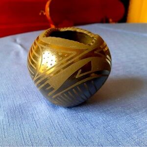 Juan Quezada Pottery Handcrafted Black and Gold Decorative Vase